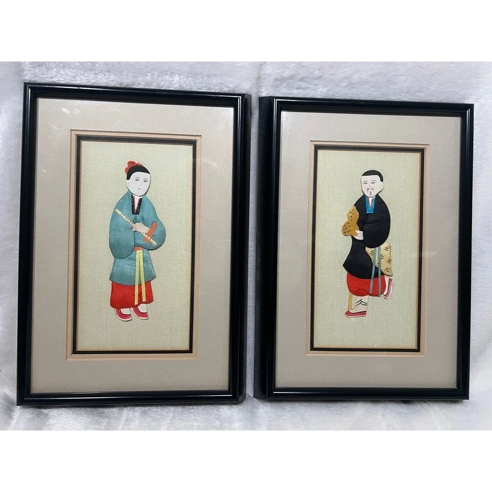 Set 2 Framed Vintage Art‎ Chinese Silk Fabric 13x9.5